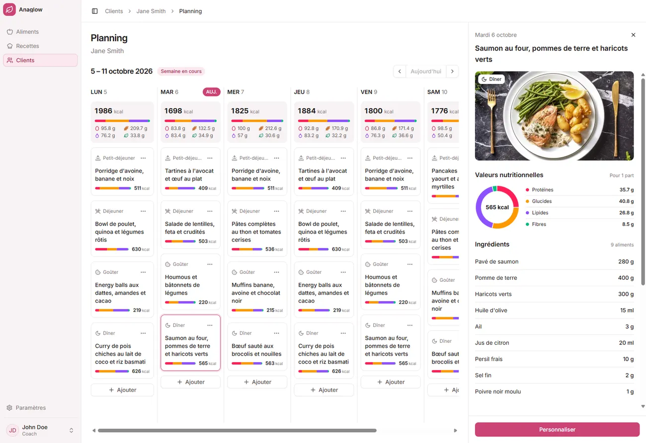 Planning alimentaire de la semaine dans l'application Anaglow