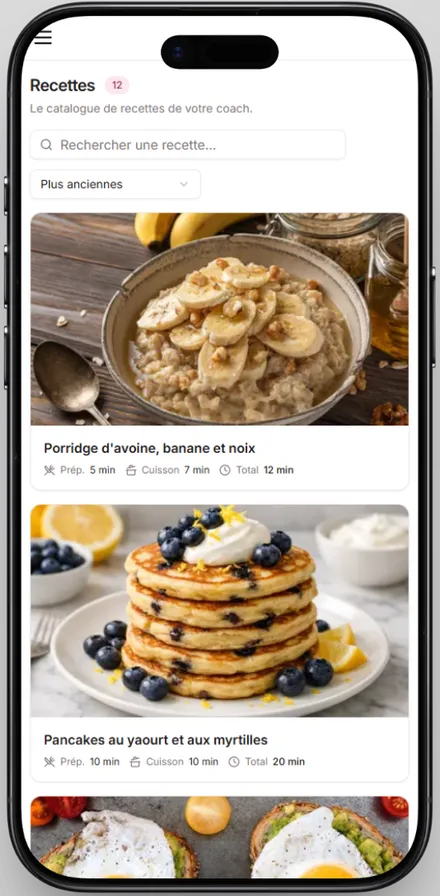 Catalogue de recettes de l'application Anaglow sur mobile